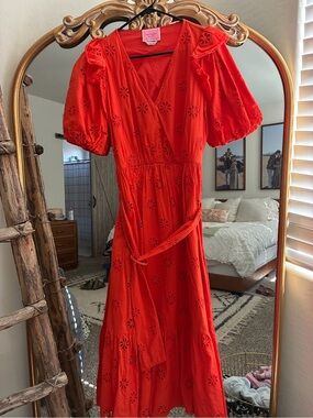 kate spade Red Eyelet Midi Dress with Puff Sleeves